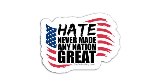 Sticker with American flag design and text 'Hate never made any nation great' on a white background