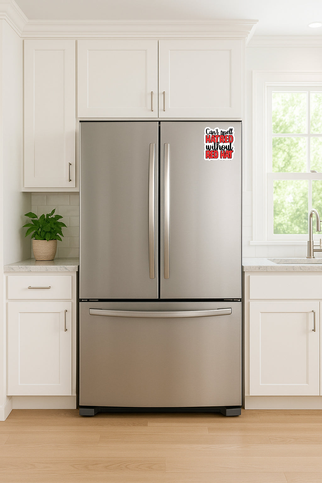 'Can't Spell Hatred Without Red Hat' magnet or vinyl decal displayed on a stainless steel refrigerator. A bold, high-quality political sticker perfect for cars, laptops, fridges, or toolboxes. Great for activists, protestors, or anyone fed up with fascism.