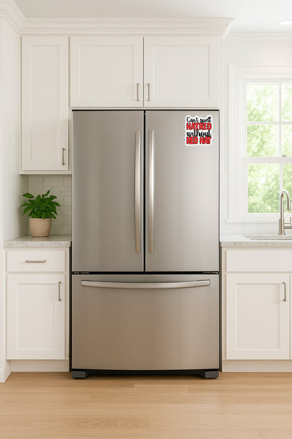 'Can't Spell Hatred Without Red Hat' magnet or vinyl decal displayed on a stainless steel refrigerator. A bold, high-quality political sticker perfect for cars, laptops, fridges, or toolboxes. Great for activists, protestors, or anyone fed up with fascism.