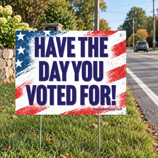 Sarcastic Have the Day You Voted For election yard sign displayed beside a neighborhood road, featuring bold navy text and vintage red, white, and blue flag graphics.