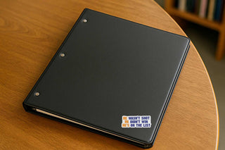 Black notebook with an anti trump sticker on a wooden table
