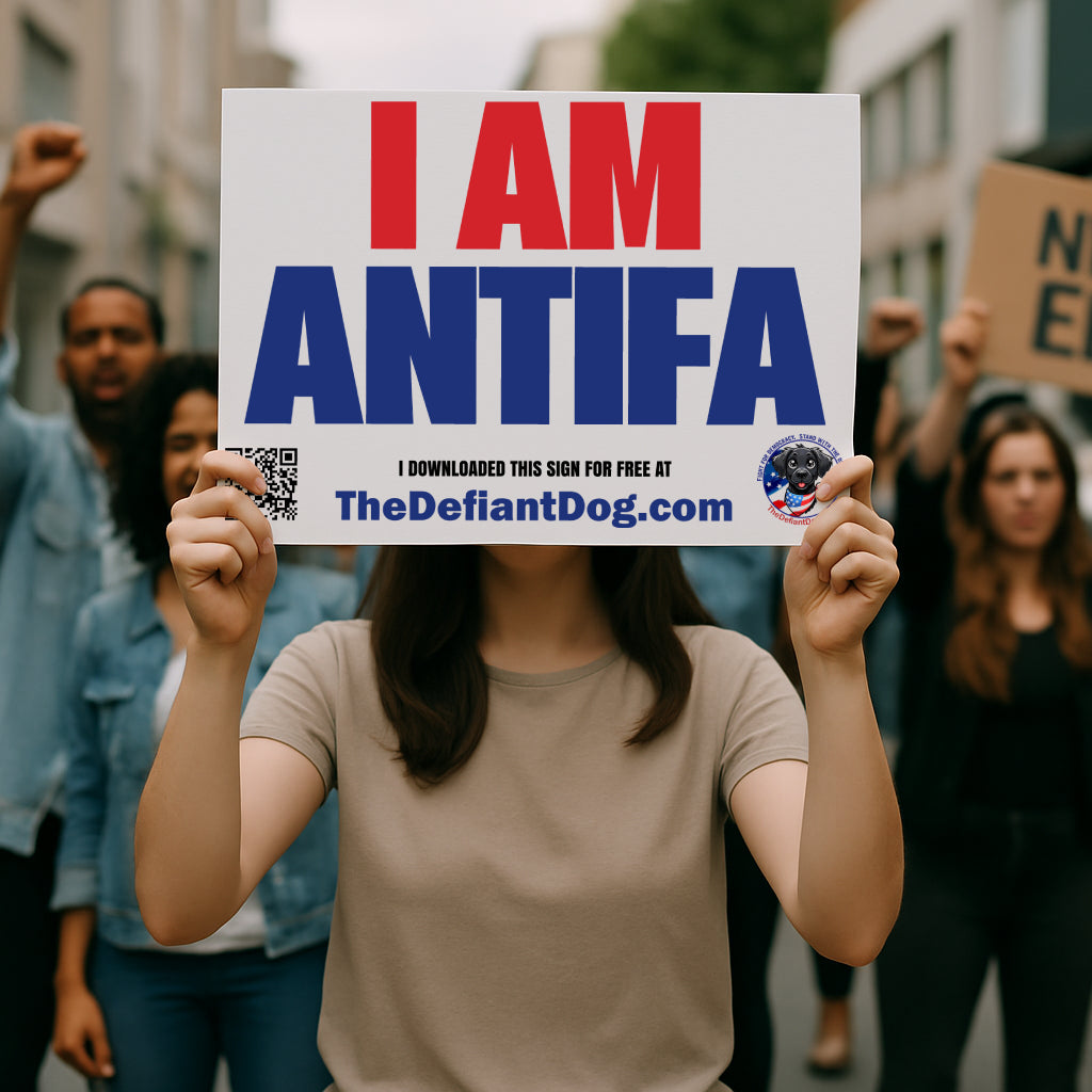 Person holding a 'I AM ANTIFA' sign with a QR code at a protest.