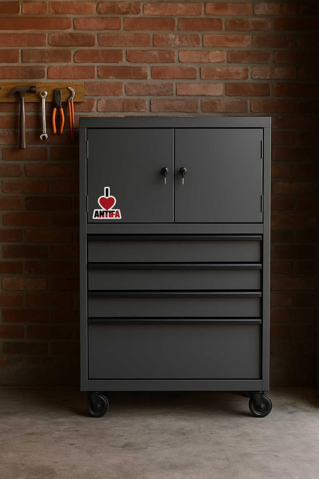Gray tool cabinet with a heart and tool icon sticker against a brick wall.