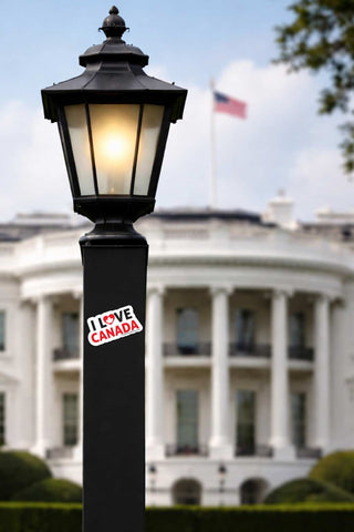 A black classic-style outdoor street lamp post with a glowing light inside, featuring a sticker that reads 'I LOVE CANADA' in red and white. The White House is blurred in the background under a blue sky with clouds.
