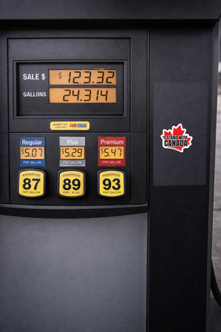 Close-up of a black fuel pump display showing sale price and gallons, with yellow buttons for regular 87, plus 89, and premium 93, plus a Canada maple leaf 'Fuel with Canada' sticker on the side.
