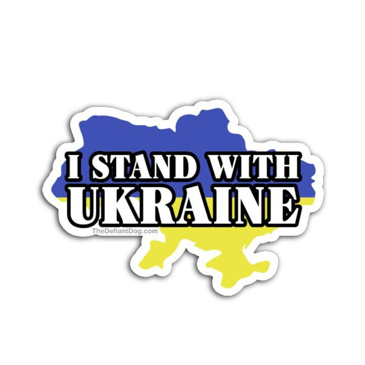 I Stand With Ukraine country map sticker with blue and yellow Ukraine flag design, pro Ukraine political vinyl decal, support Ukraine bumper sticker, waterproof die cut activist sticker for laptops and cars