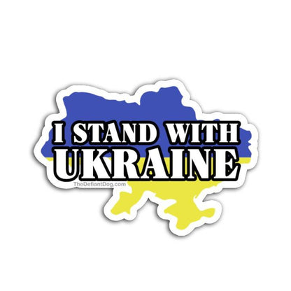 I Stand With Ukraine country map sticker with blue and yellow Ukraine flag design, pro Ukraine political vinyl decal, support Ukraine bumper sticker, waterproof die cut activist sticker for laptops and cars
