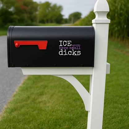 Black mailbox with a humorous message on a white post in a grassy area.