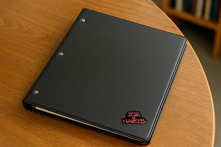 Black notebook with red text on a wooden surface