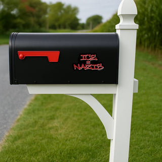 Black mailbox with red text on a white post in a rural setting