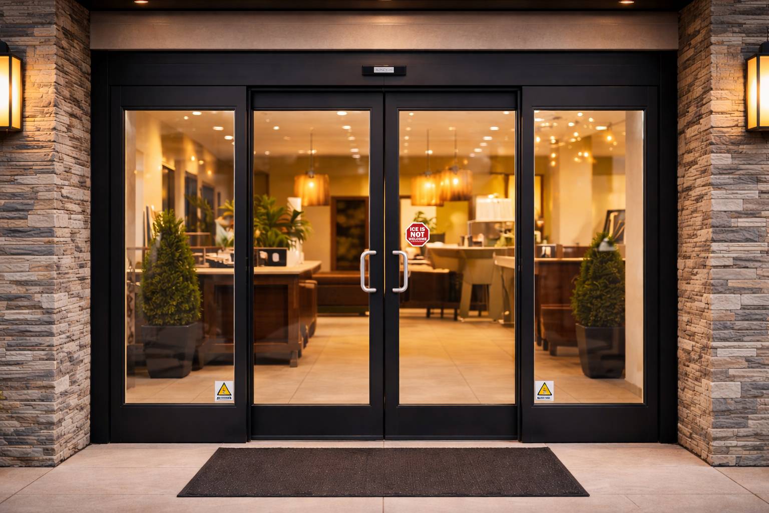 Glass doors with a doormat leading into a warmly lit interior space.