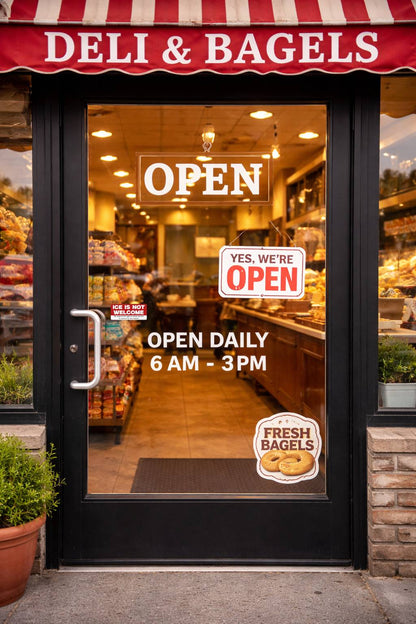 Deli and bagels store front with 'Open' sign and daily hours displayed.