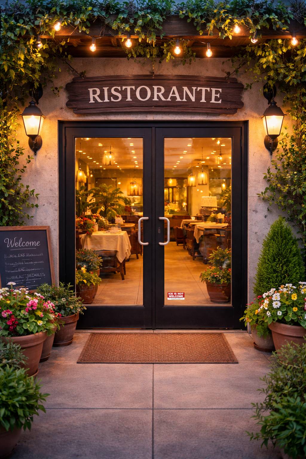 Entrance to a restaurant named 'Ristorante' with decorative lights and plants.