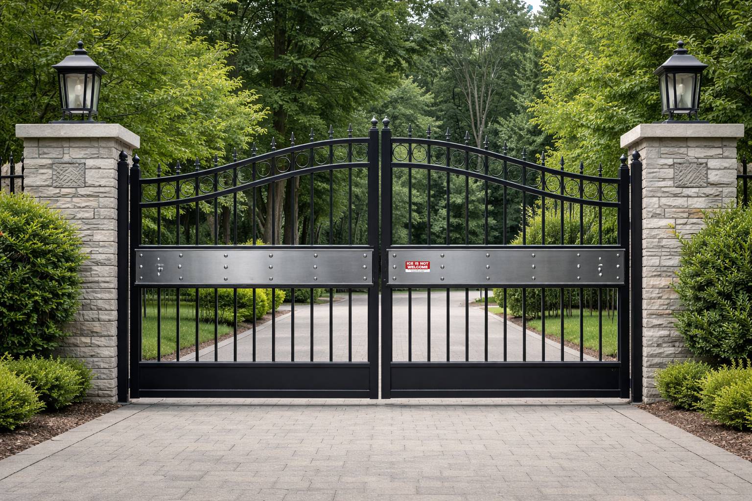 Black metal gate with stone pillars and lanterns in a lush green garden.