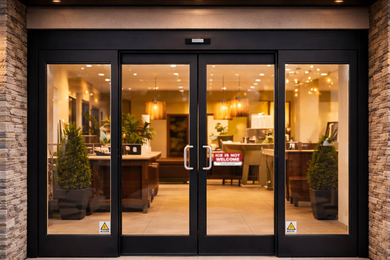 Glass doors with a stone wall and interior view