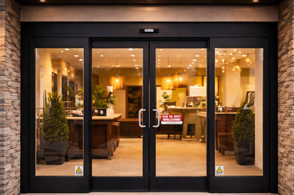 Glass doors with a stone wall and interior view