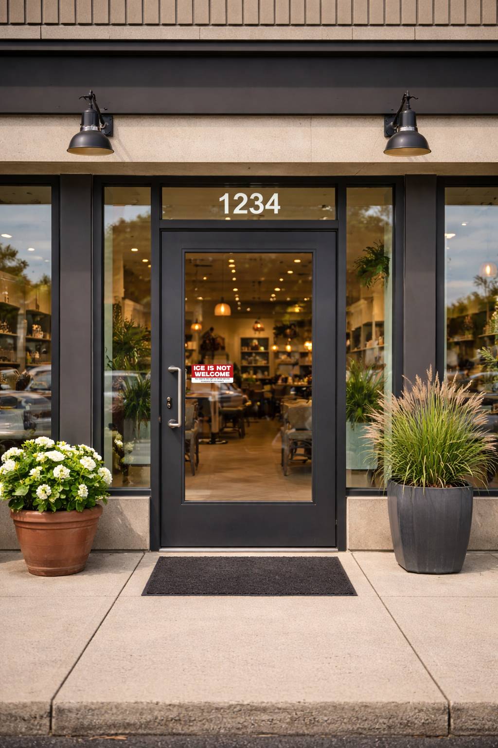 Storefront entrance with glass door and number 1234, flanked by potted plants.