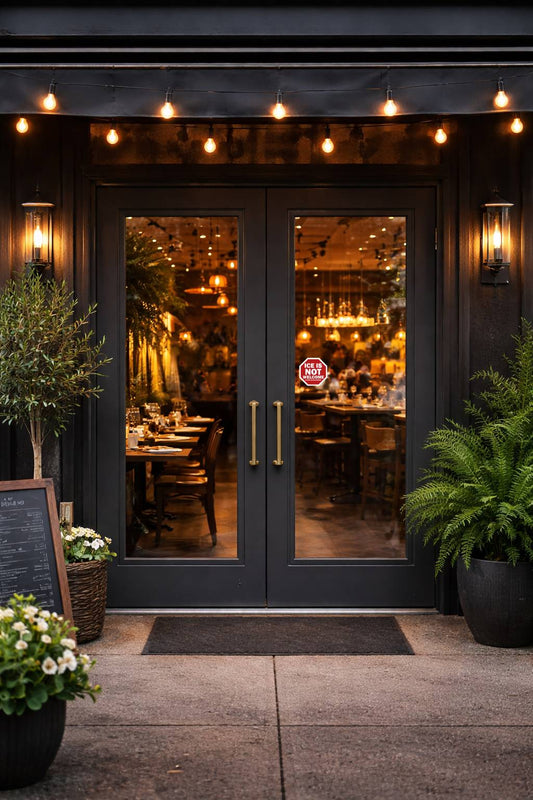Restaurant entrance with glass doors, potted plants, and warm interior lighting.