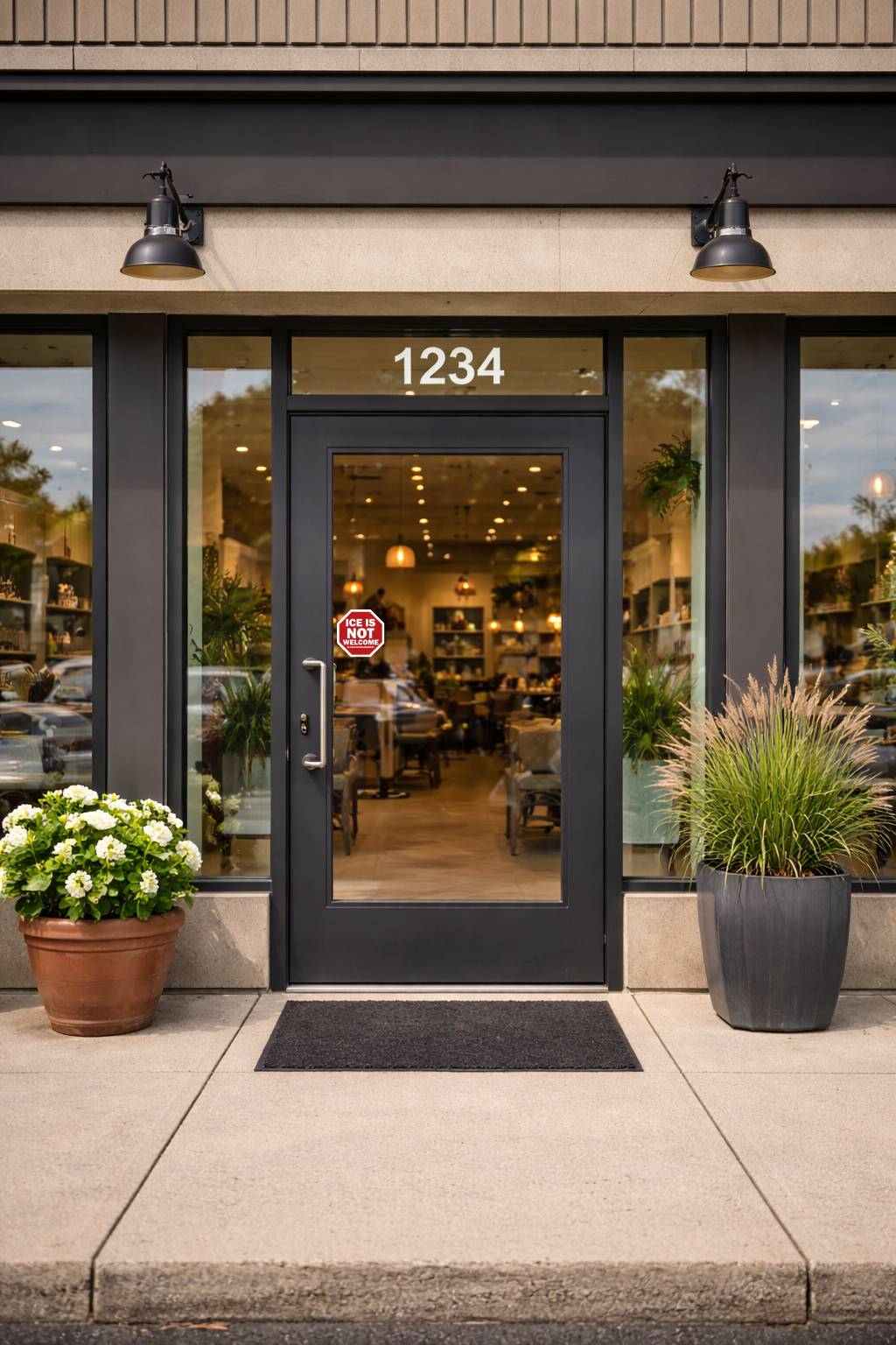 Storefront entrance with glass door, potted plants, and address number 1234.