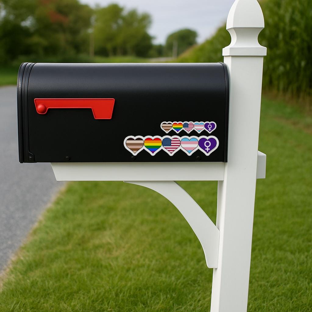 Black mailbox with colorful heart-shaped stickers on a white post in a grassy area.