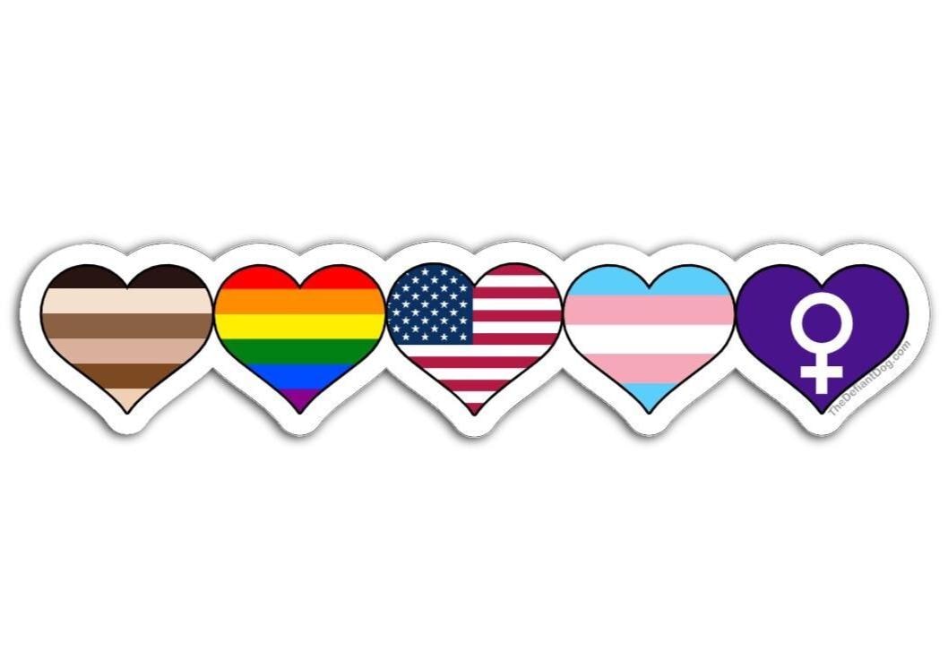 Set of five heart-shaped stickers with different symbols on a white background