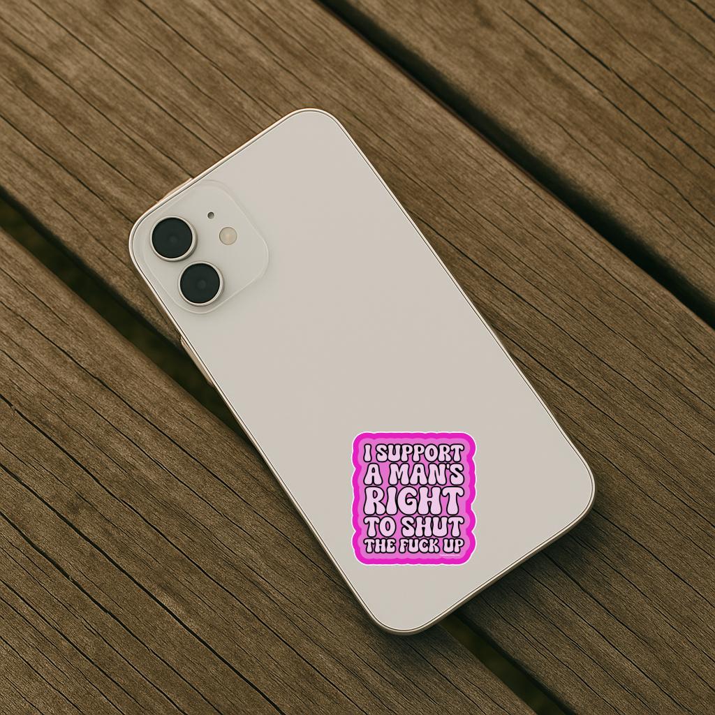 Phone with a pink and white sticker on a wooden surface