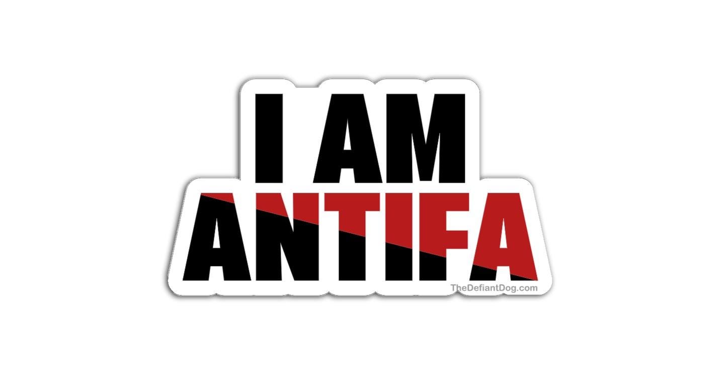 Sticker with 'I AM ANTIFA' text on a white background