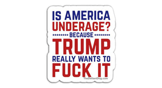 Sticker with political text in red, blue, and white on a white background