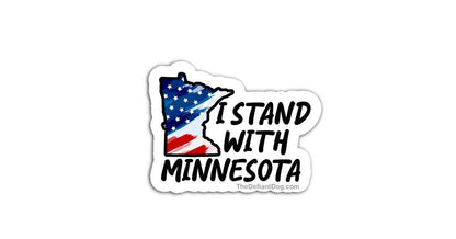 Sticker with 'I Stand with Minnesota' design featuring an American flag and a silhouette of a person holding a flag.