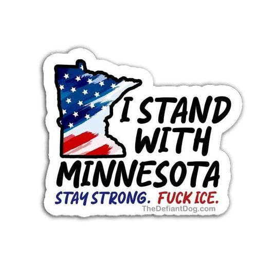 Sticker with 'I Stand with Minnesota' text and American flag design on a white background