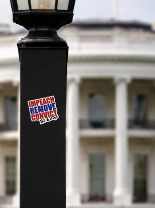 Impeach Remove Convict No Kings anti Trump political sticker on black DC street lamp post with White House blurred in background, bold protest vinyl decal