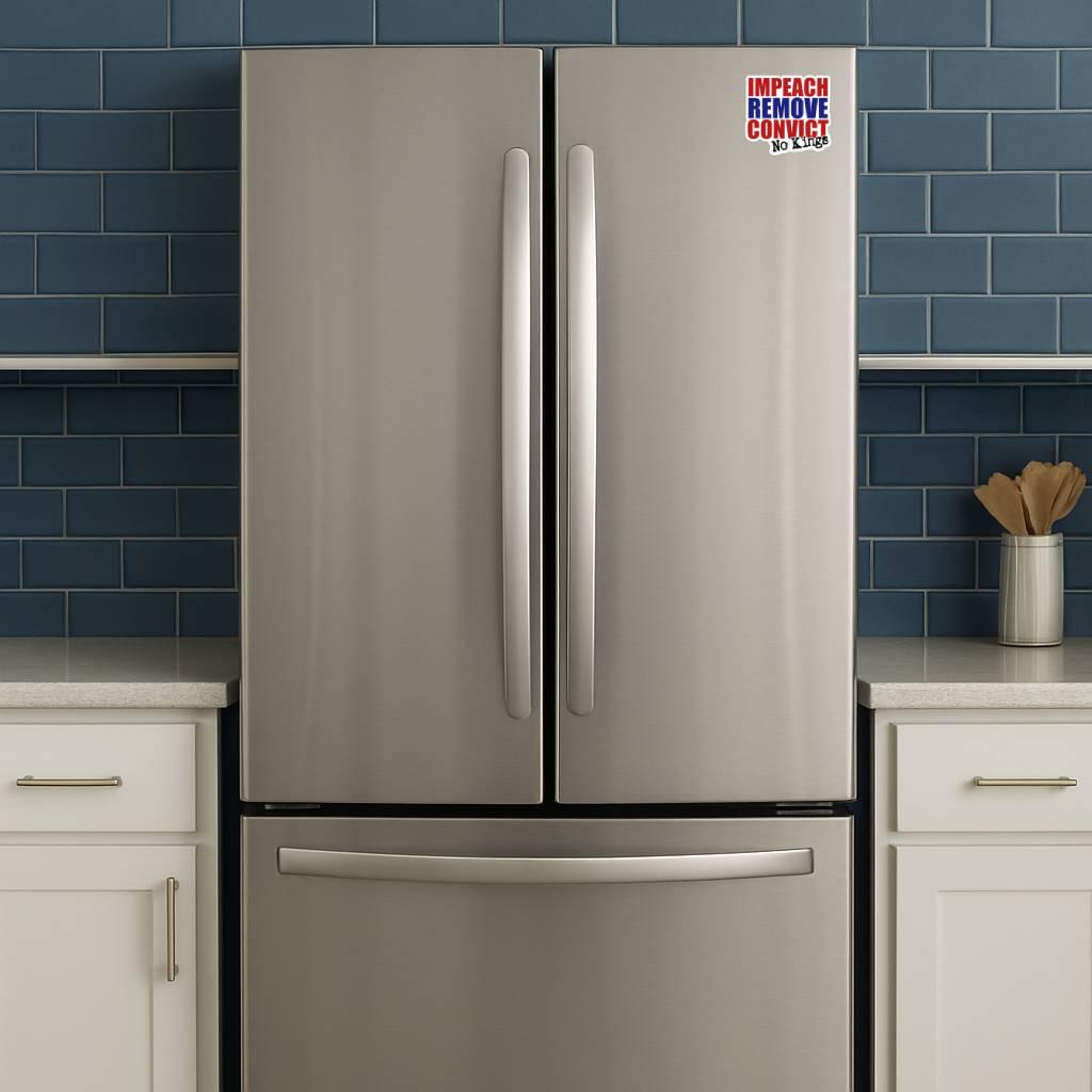 Sticker with text 'IMPEACH REMOVE CONVICT No Kings' in red, blue, and black on a fridge
