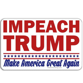 A clean, high-resolution digital graphic of a rectangular vinyl decal with rounded corners. The design features the bold, red text "IMPEACH TRUMP" stacked in a heavy sans-serif font. Below a horizontal line of small blue stars, the phrase "Make America Great Again" is written in a blue, formal script. A subtle drop shadow surrounds the decal against a plain white background.