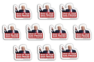 Anti Trump gas prices sticker pack featuring multiple political satire vinyl decals with bold red text and protest messaging arranged in a grid
