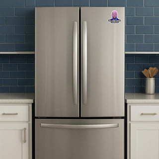 A sticker with bald JD Vance with the caption that says "Tell your couch I said hi" on a fridge
