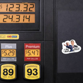 Jim Banks and Donald Trump I Did That And I Helped political sticker displayed on a gas pump beside high gasoline prices, anti Trump Indiana Republican protest sticker