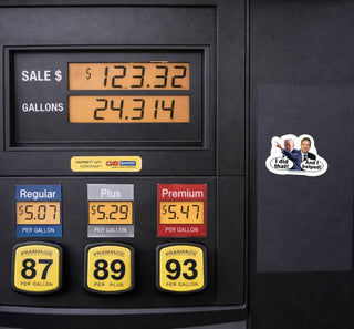 Jim Jordan and Donald Trump I Did That And I Helped political sticker displayed on the side of a black gas pump beside the fuel price screen.