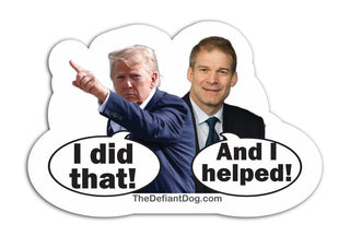Jim Jordan and Donald Trump political sticker showing Trump pointing with the words I did that and Jim Jordan beside him with the words And I helped.