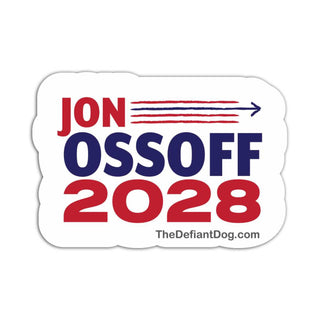 A die-cut sticker featuring the text 'JON OSSOFF 2028' in red and navy blue, with a small 'TheDefiantDog.com' URL at the bottom, shown on a plain white background.