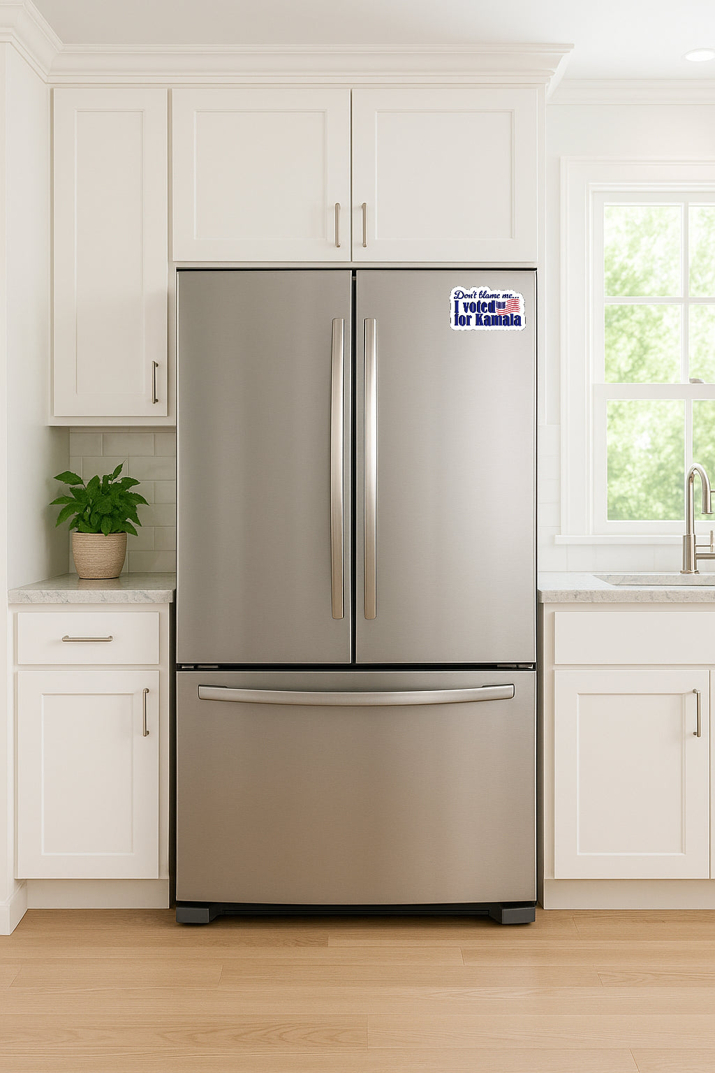 'Don't Blame Me  I Voted for Kamala' magnet or vinyl decal displayed on a stainless steel refrigerator. A bold, high-quality political sticker perfect for cars, laptops, fridges, or toolboxes. Great for activists, protestors, or anyone fed up with fascism.