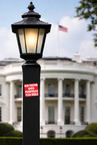 A black vintage-style street lamp post with a glowing light inside, featuring a red and white text sign that reads 'KEN PATTON GIVES PENDEMENTS PLEA DEALS'. The background shows the White House building under a blue sky with clouds and a flagpole.