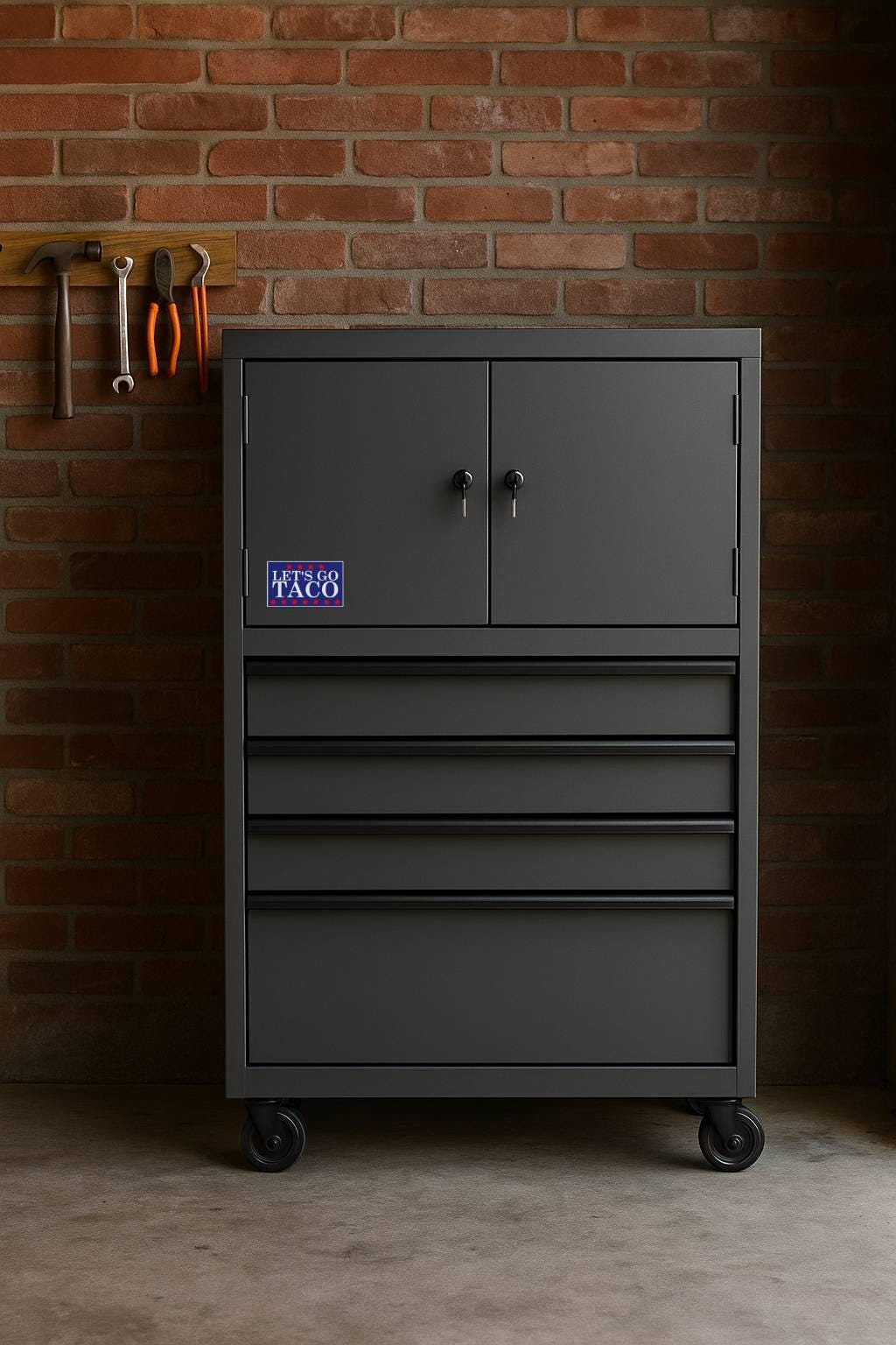 a sticker with the words let's go taco in white with red stars on top and bottom on a blue background tool cabinet