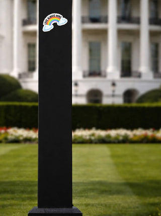 Love Always Wins rainbow sticker displayed on a black rectangular lamp post with the White House softly blurred in the background. The vibrant rainbow and clouds contrast boldly against the dark post, symbolizing pride, equality, and resilience in a civic setting.