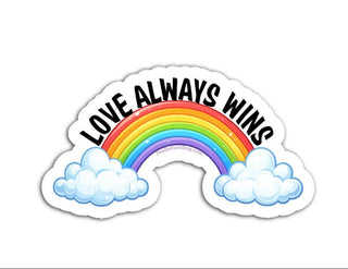 Sticker with rainbow and clouds and 'Love Always Wins' text on a white background
