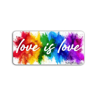 Love is love rainbow paint splash sticker with white script lettering on a white background, rectangular with rounded corners