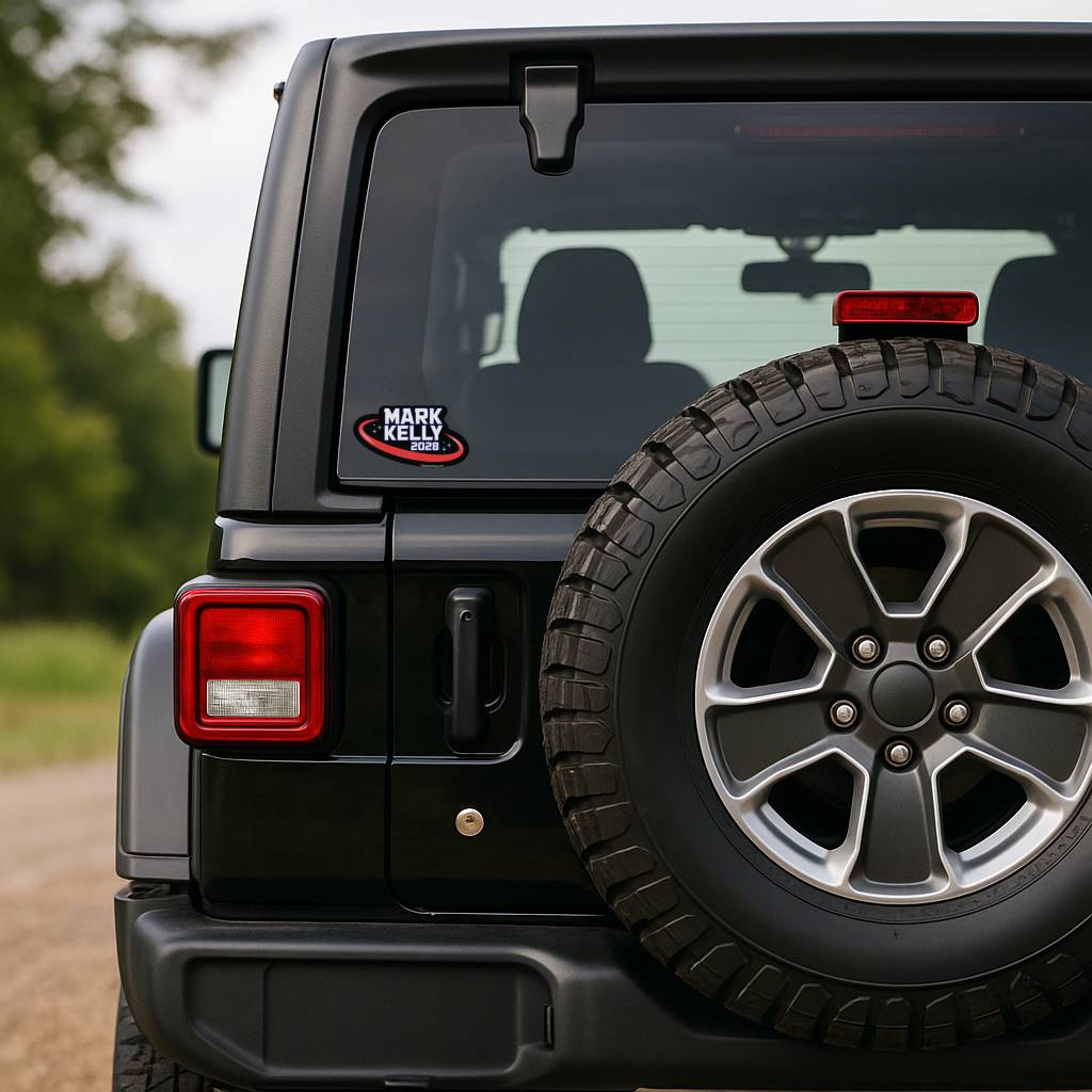 Black Jeep Wrangler with Mark Kelly sticker on the rear window, parked outdoors.
