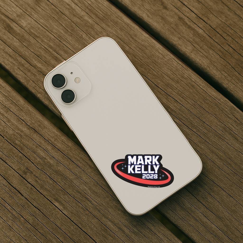 Phone case with Mark Kelly 2028 design on a wooden surface