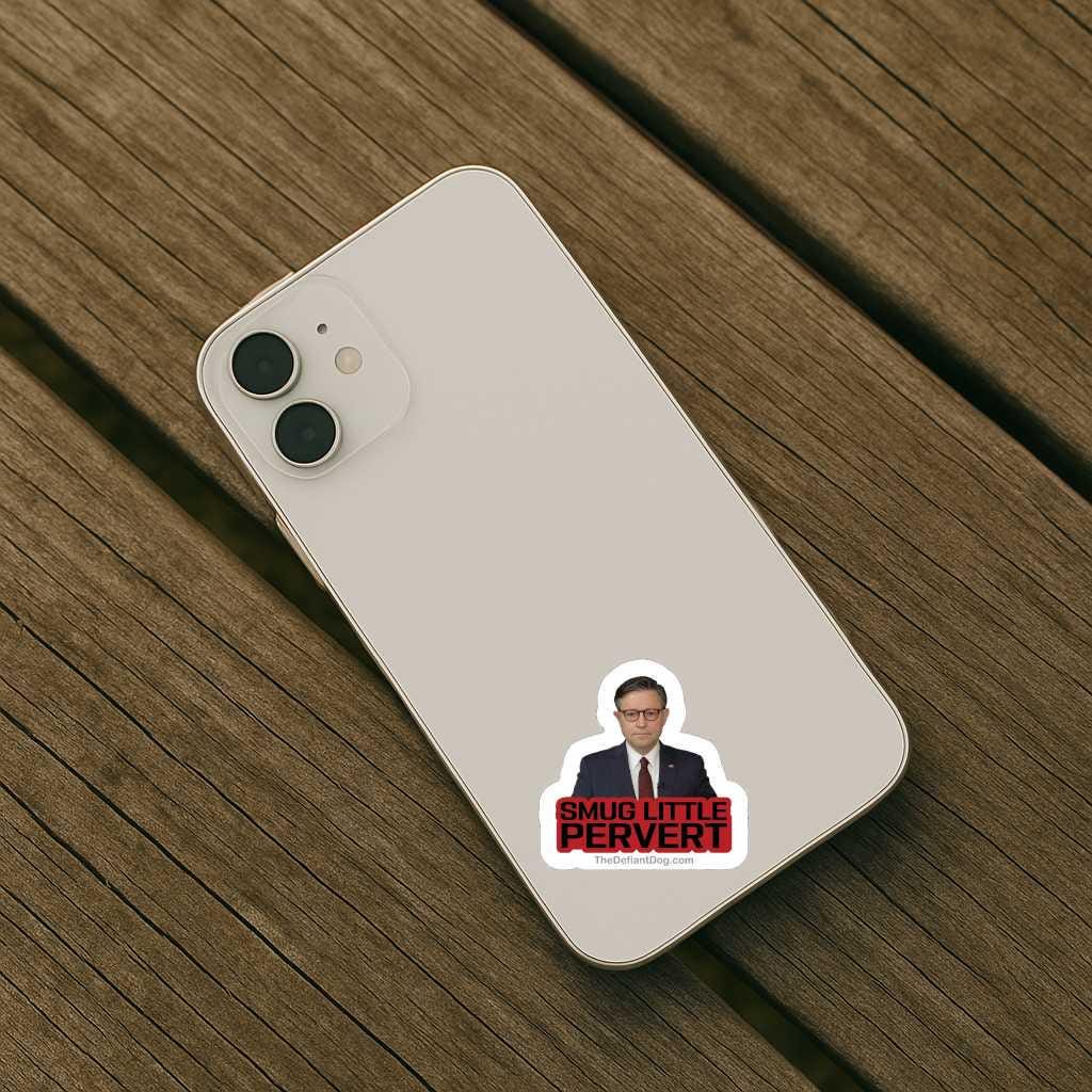 Phone case with a sticker of a man in a suit and tie on a wooden surface