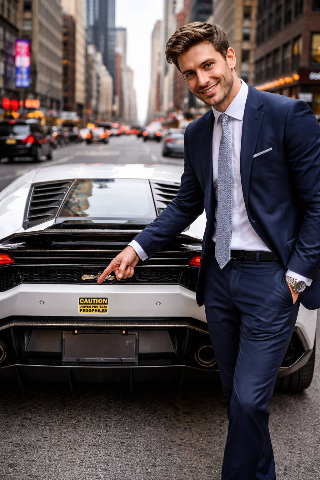 Man in a suit standing next to a luxury car on a city street