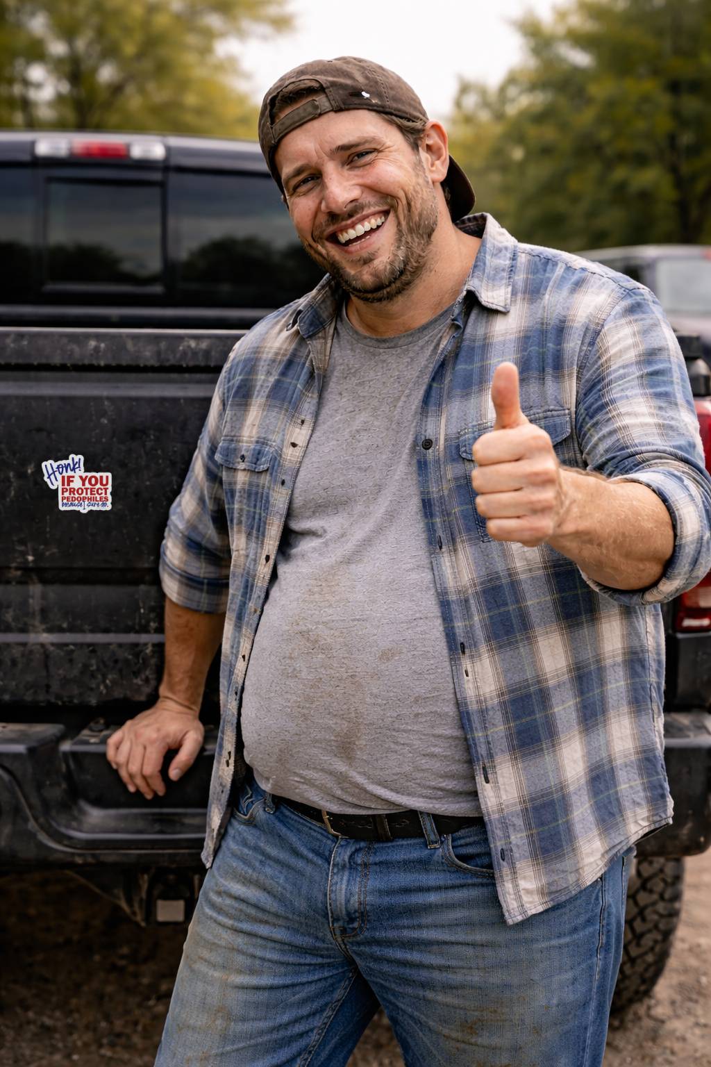 Man giving a thumbs up in front of a black truck with a sticker on it.